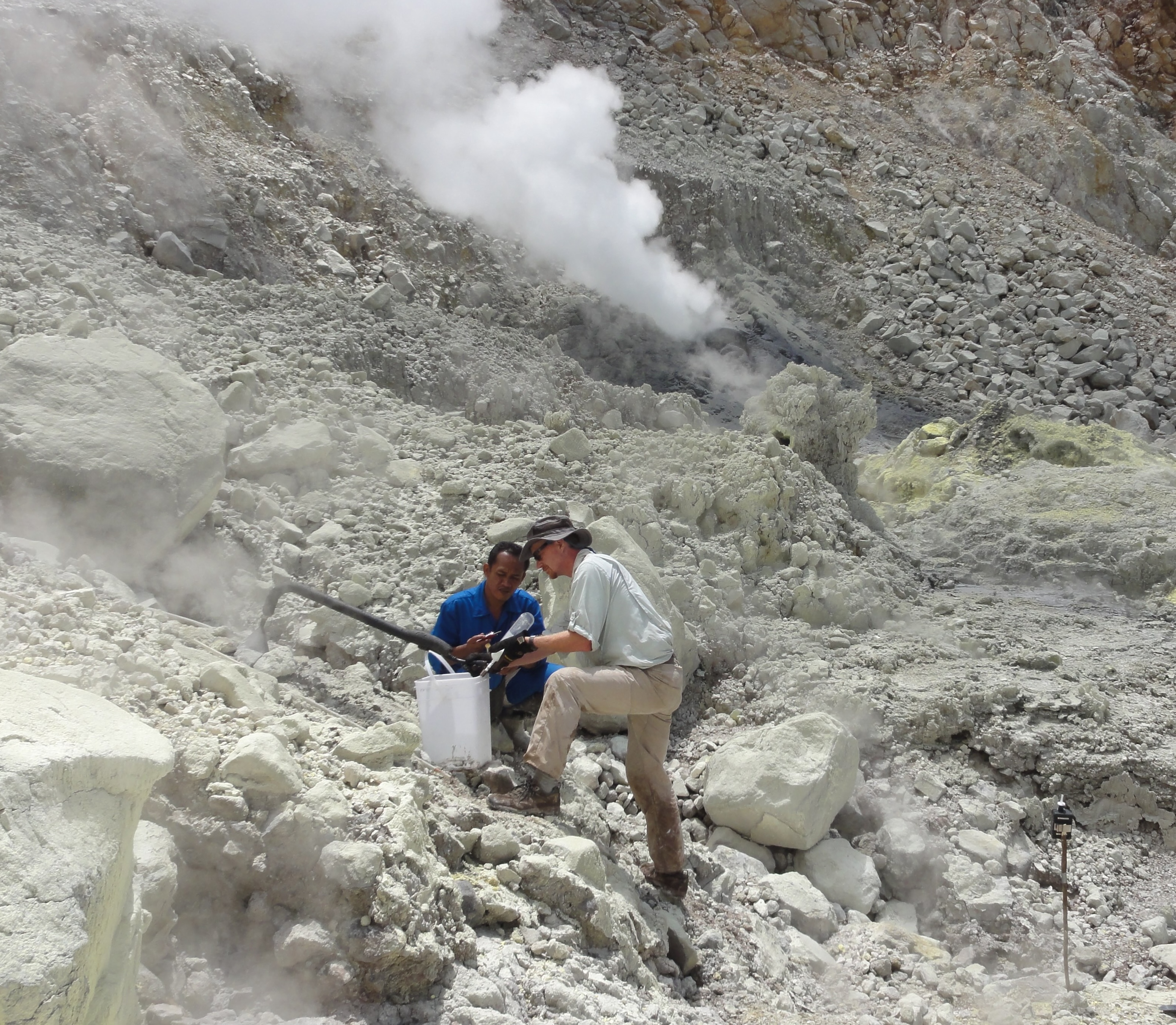 Gas sampling inside Sorik Marapi crater, Indonesia